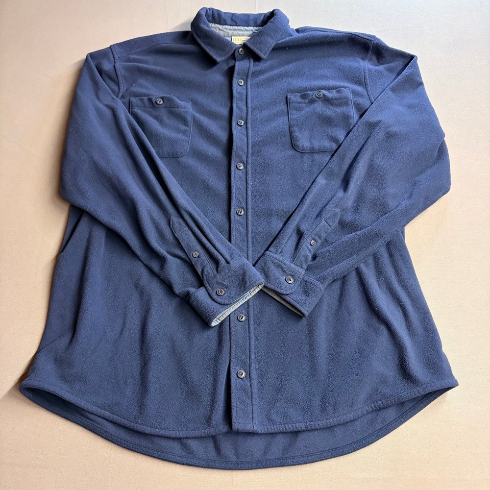 LL Bean Mens XL Tall Fleece Shirt Navy Blue Button Down Pocket 291727 Warm